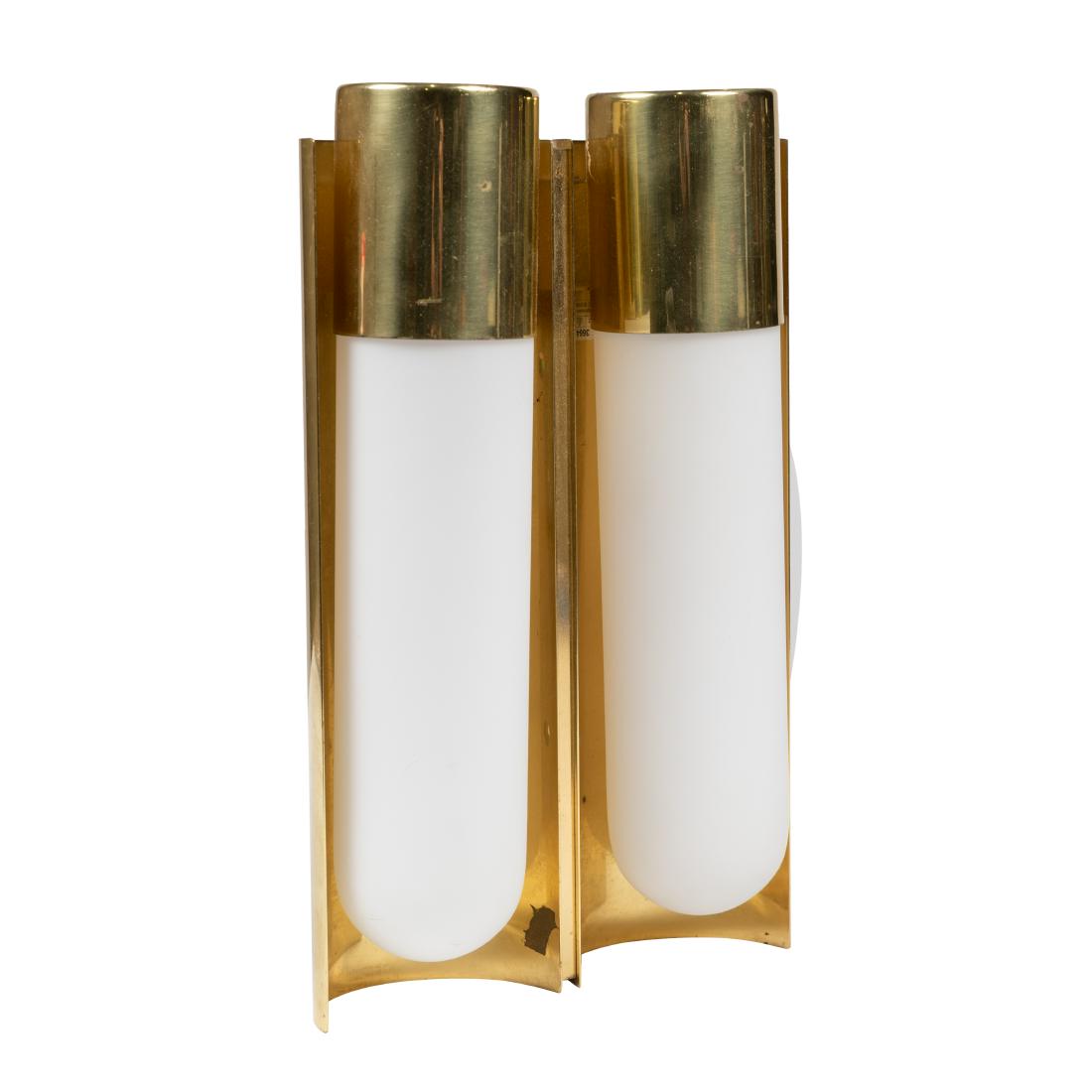 Brass and Glass Sconce: Description - Brass and glass, two light sconce. Dimensions - 13" x 8" x 3"