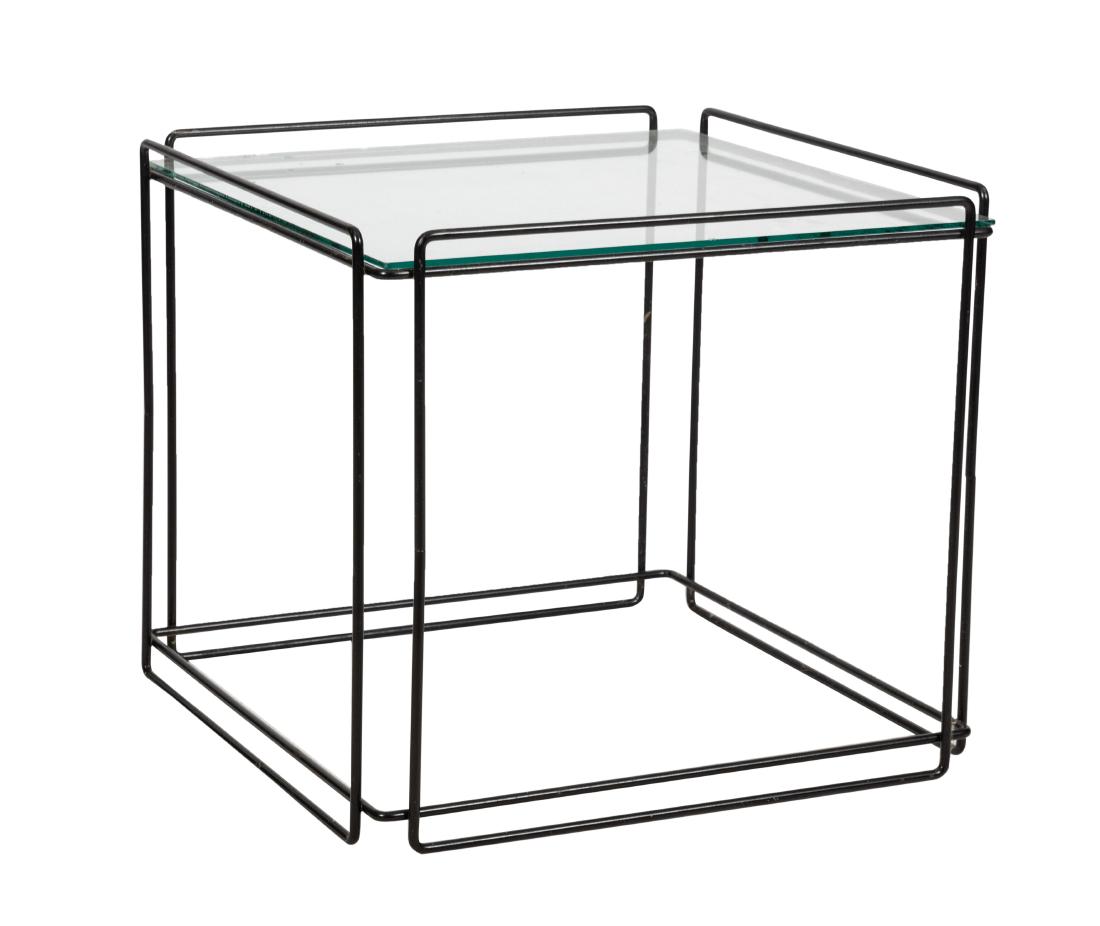 Max Sauze - Isocele Wire & Glass Table: Description - A wire and glass Isocele table by Max Sauze. Dimensions - 19" x 20"