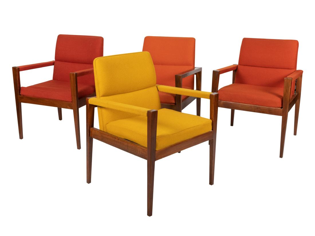 Jens Risom - Walnut Arm Chairs - Four: Description - Set of four Jens Risom walnut arm chairs Dimensions - 34" x 24" x 24"