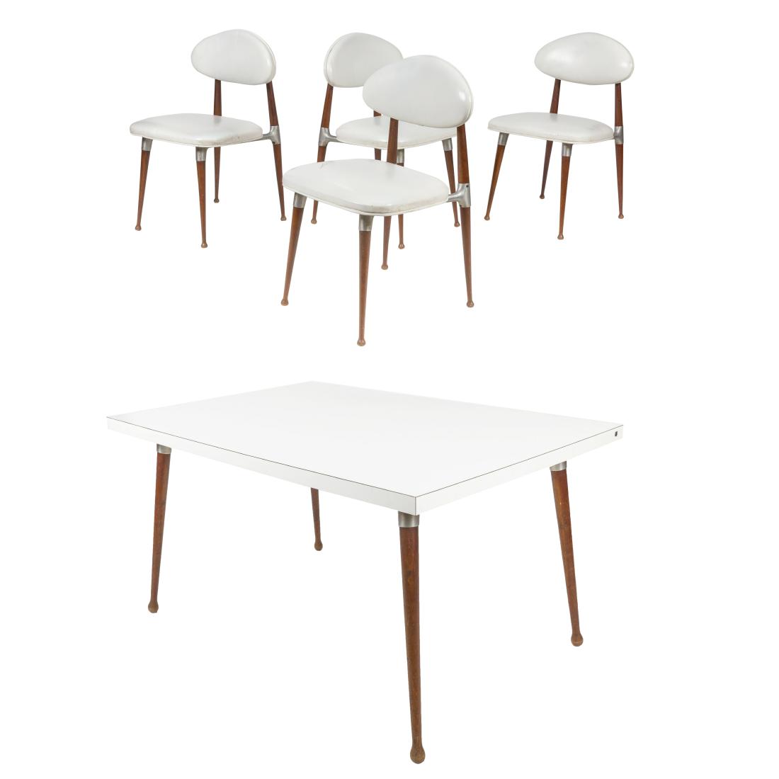 Kitchen Set - Walnut & Aluminum: Description - Five piece kitchen set, walnut and aluminun, bowling pin legs Dimensions - Table 28.5" x 54" x 36" Chairs 36" x 18" x 18"