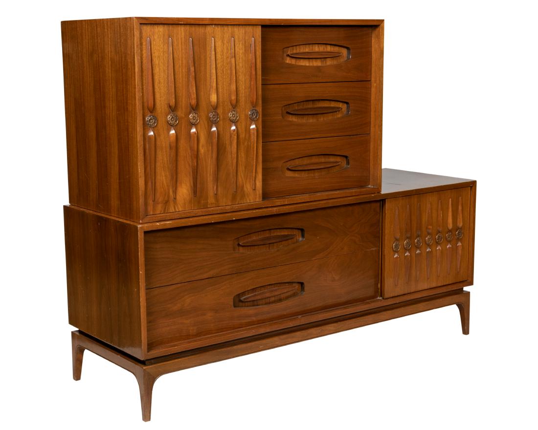 Two Part Walnut High Chest: Description - Two part walnut high chest with sliding doors. Dimensions - 49.5" x 59.5" x 20"