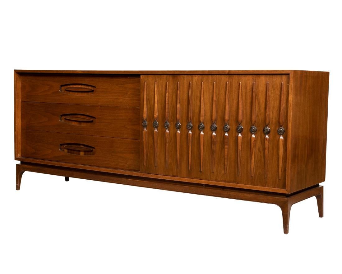 Sculpted Walnut Credenza - Sliding Door: Description - Walnut credenza chest with sliding door. Dimensions - 32" x 77.5" x 20"