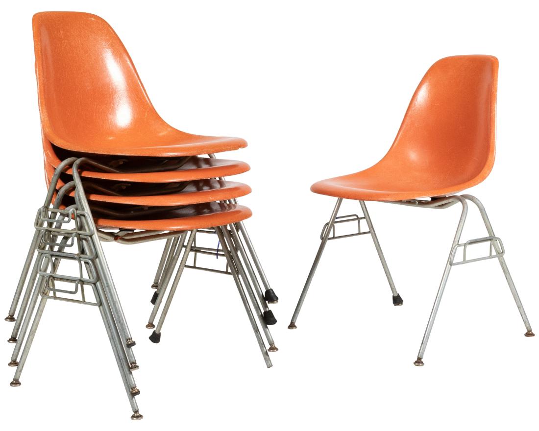 Charles & Ray Eames - DSS Stacking Chairs - Five: Description - A set of five DSS stacking chairs by Charles and Ray Eames for Herman Miller. Dimensions - 32" x 20" x 22"
