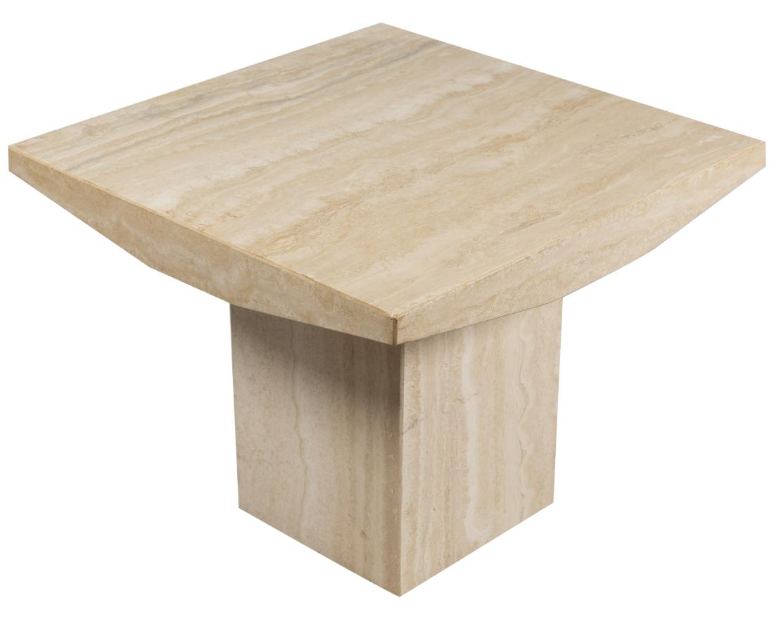 Travertine Plinth Base End Table: Description - Travertine marble lamp table with plinth base. Dimensions - 22" x 28"