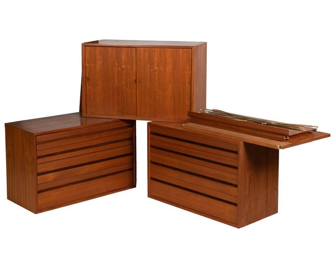 Poul Cadovious - Wall Unit - Floor to Ceiling: Description - Poul Cadovious Floor to ceiling wall unit. (cabinet, 2 chests, 4 shelves, 3 poles) Dimensions - 9" x 64" x 19"