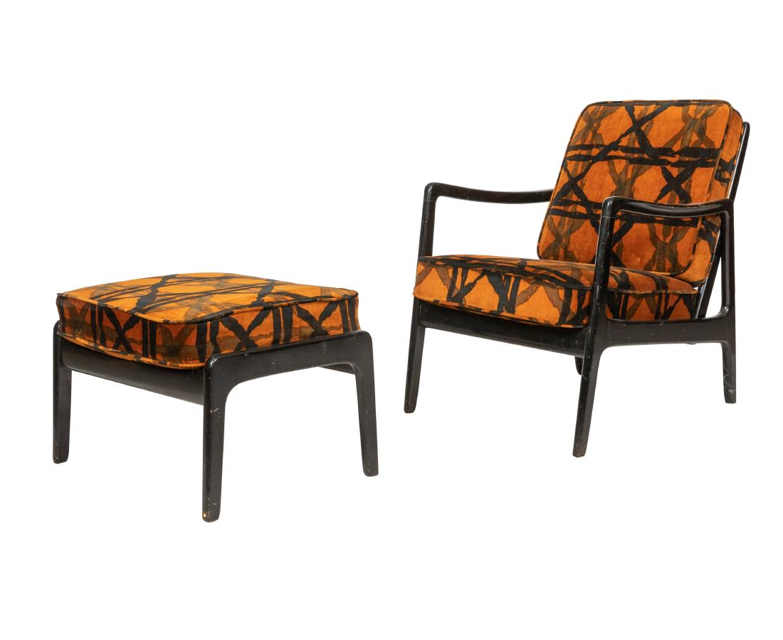 Ole Wanscher - John Stuart - Chair and Ottoman: Description - Ole Wanscher for John Stuart lounge chair and ottoman. With original upholstery. Dimensions - 30" x 24" x 26"