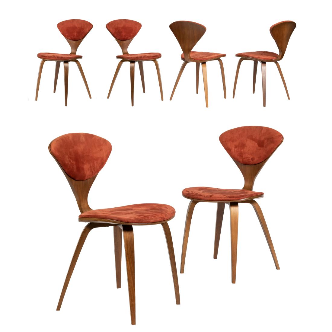 Norman Cherner - Dining Chairs - Six: Description - Six Norman Cherner Chair Company side chairs with suede upholstery. Dimensions - 32" x 17" x 21"