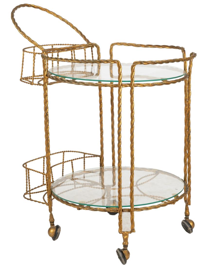 Gilt Metal Serving Cart: Description - Gilt metal rope serving cart Dimensions - 31" x 26" x 19"