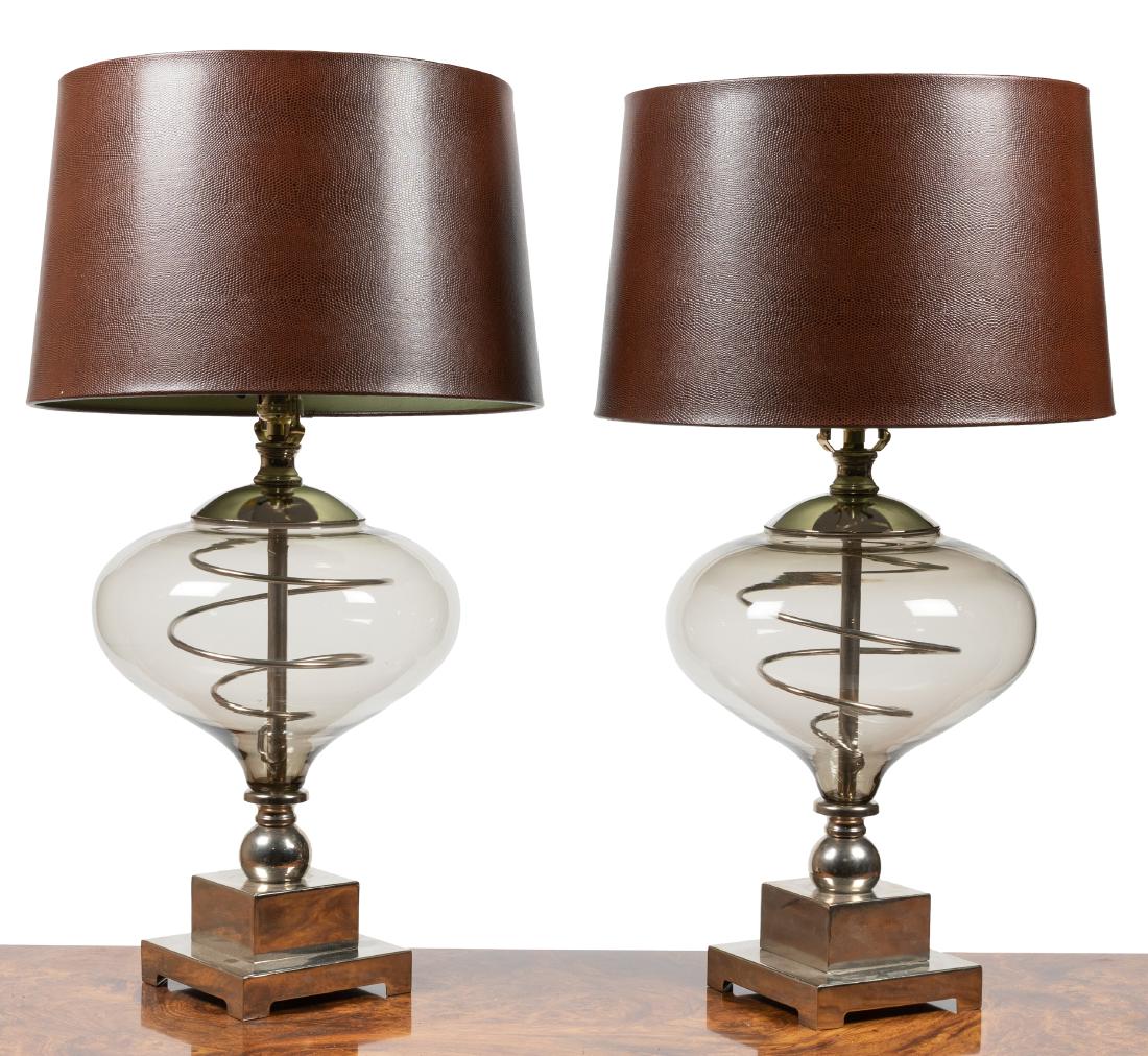 Chrome and Glass Lamps - Pair: Description - Chrome and glass lamps with faux shagreen shades. Dimensions - Total - 29" x 14"