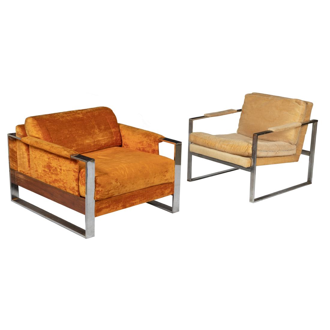 Milo Baughman Style - Lounge Chairs: Description - Milo Baughman Style lounge chairs. One with walnut accents. Dimensions - With walnut - 22" x 32" x 36"