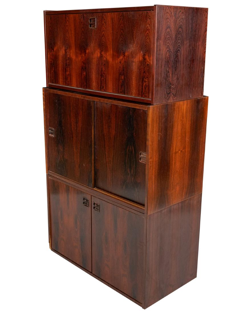 AEJM Mobler - Rosewood Wall Unit: Description - AEJM Mobler rosewood wall unit, including bar, entertainment center and cabinet. Six shelves and four posts. Dimensions - Largest Cabinet: 19.5" x 31.5" x 17.5"