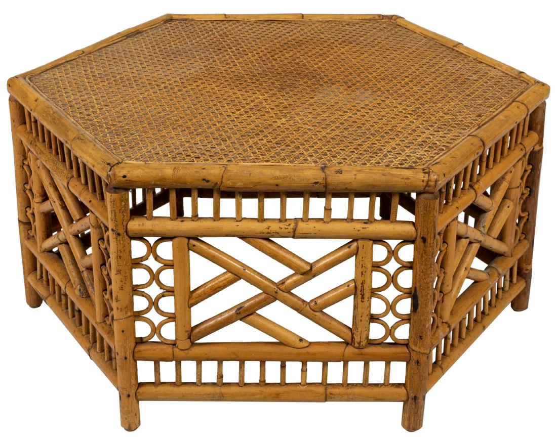 Bamboo & Wicker Hexagon Coffee Table: Description - Bamboo and wicker hexagon coffee table Dimensions - 17.5" x 32" x 35"