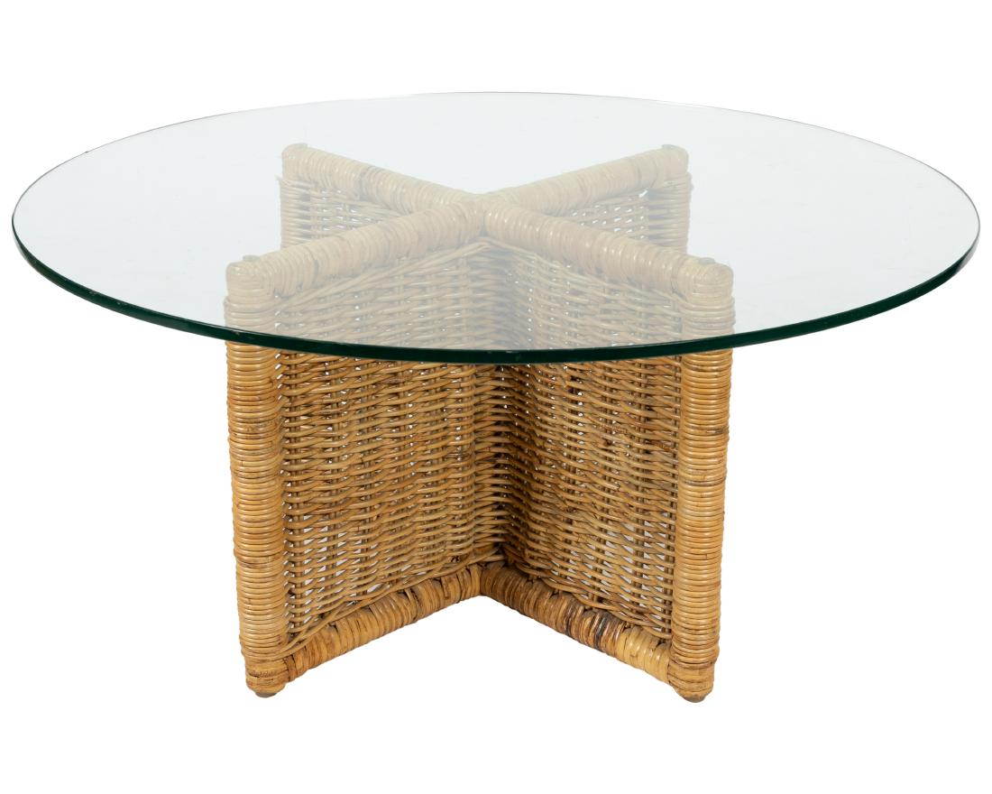 Woven Wicker Glass Coffee Table: Description - Woven wicker and glass coffee table Dimensions - 17" x 36"