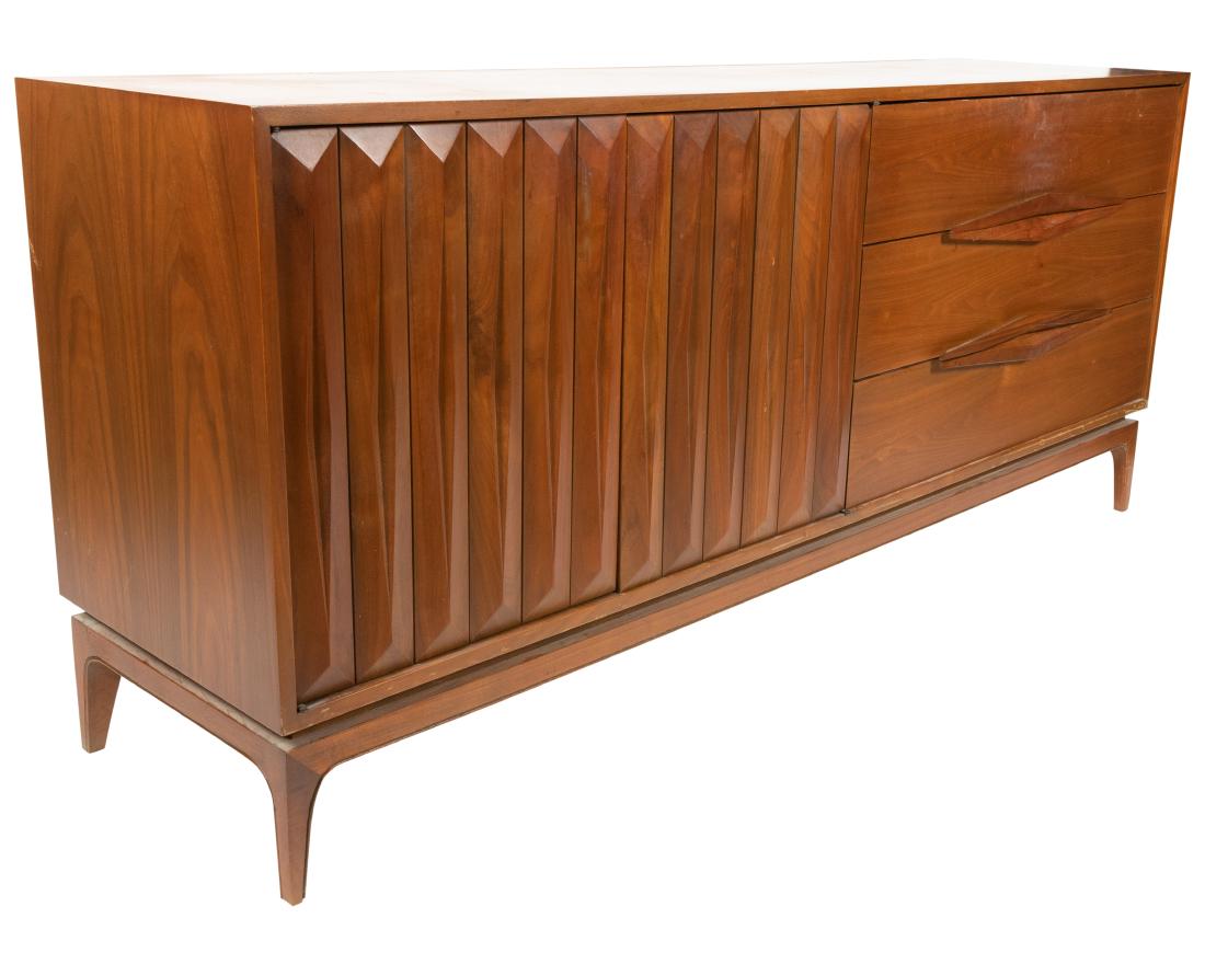 Walnut Sculpted Front - Credenza/Chest: Description - Walnut sculpted front credenza/chest Dimensions - 32" x 73.5" x 19"