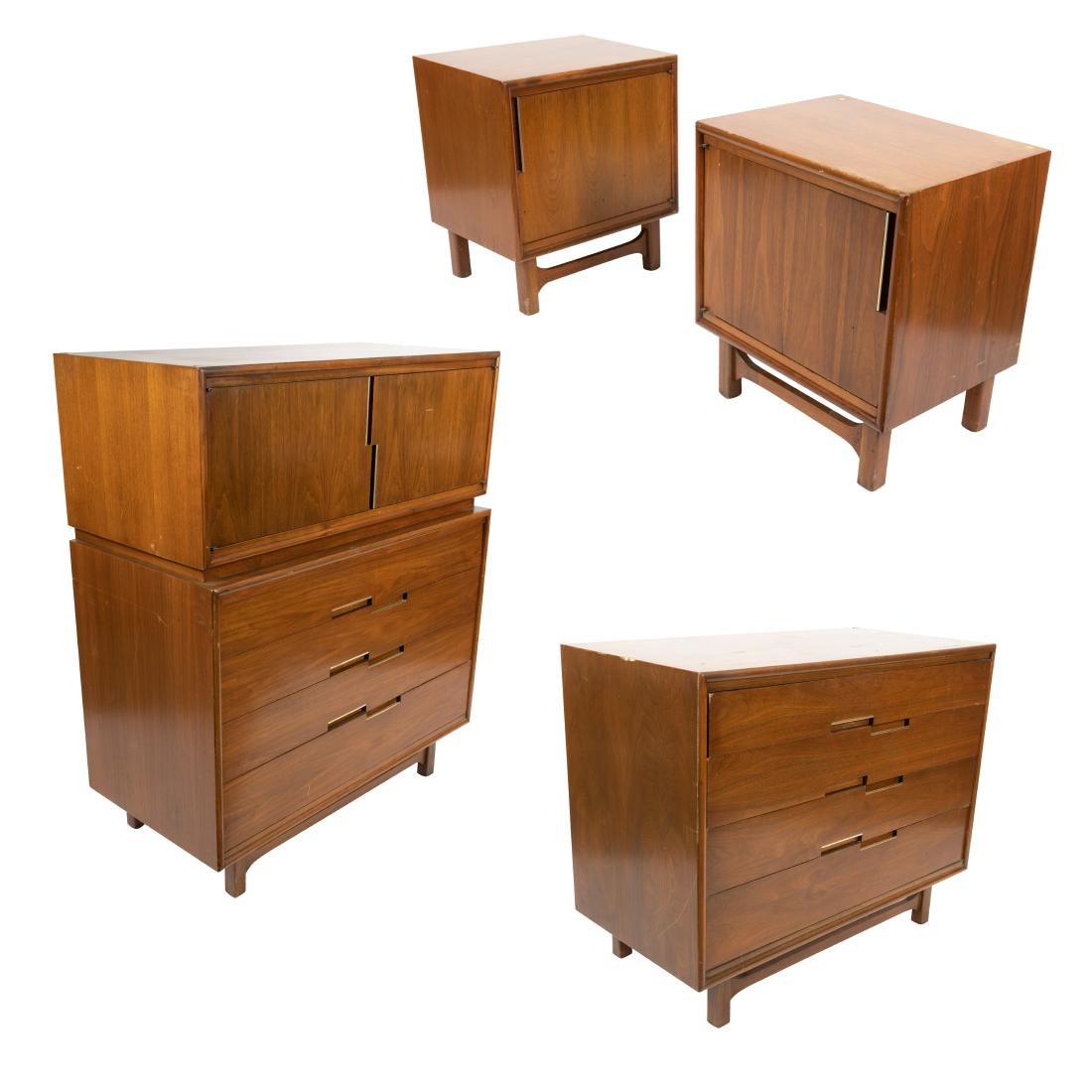 Martinsville - Walnut Bedroom Set: Description - Four piece Martinsville walnut bedroom set with inset chrome handles. Credenza, high chest and night stands. Dimensions - High chest: 51.5" x 42" x 21"