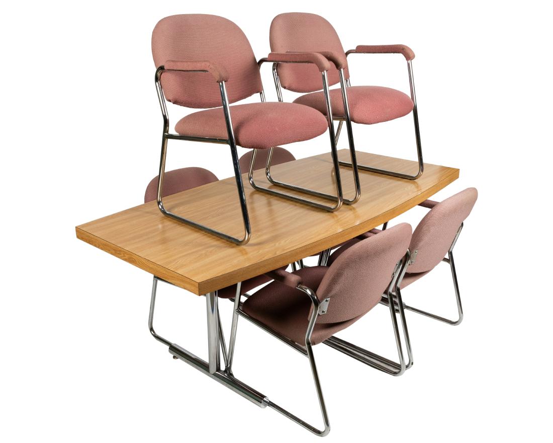 Mid Century Table & Six Chairs: Description - Chrome and laminate top table with six chrome chairs. Dimensions - Table - 29.5" x 72.5" x 36"