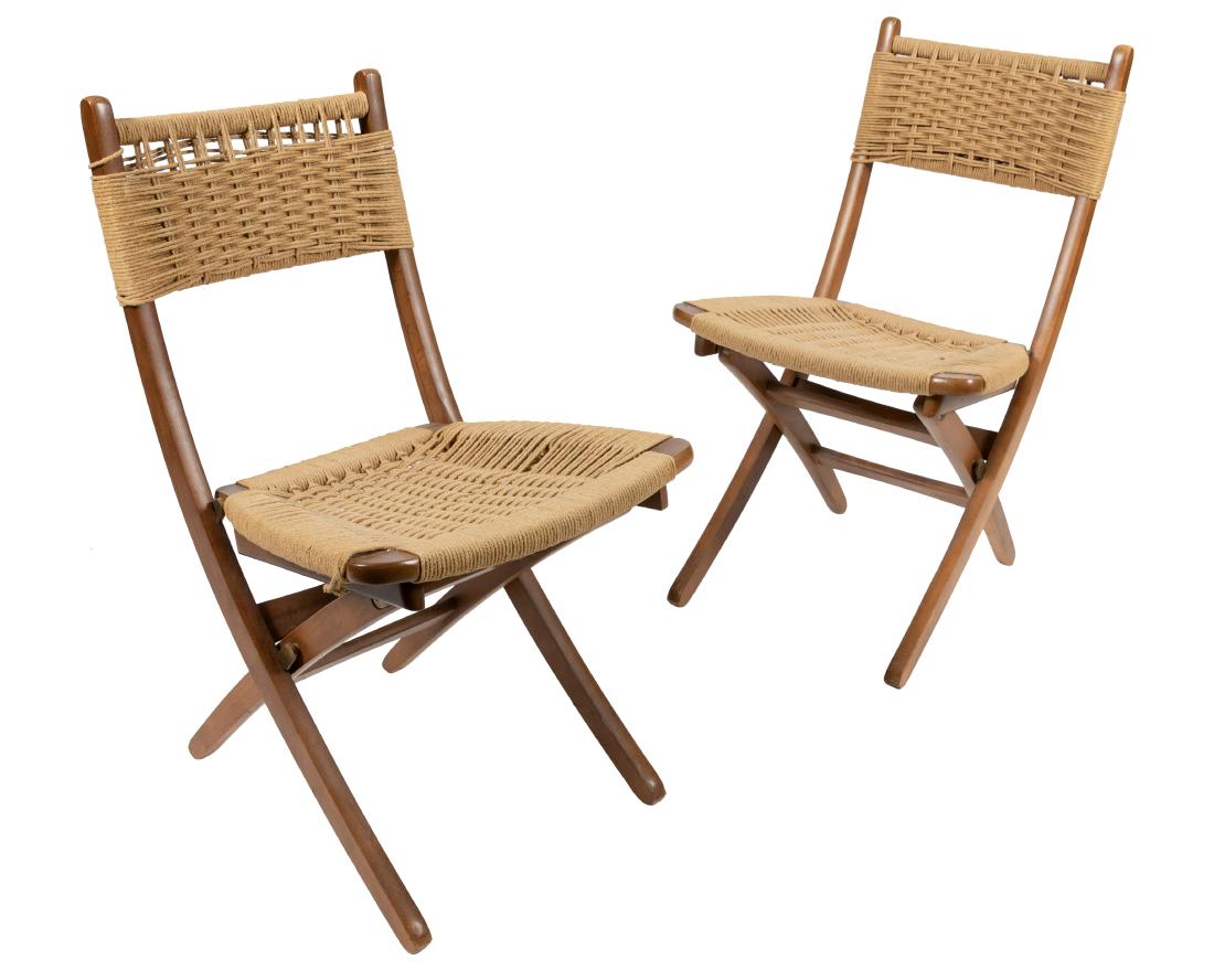 Hans Wegner Style - Rattan - Folding Chairs: Description - Pair of Hans Wegner style rattan bridge folding chairs. Dimensions - 31.5" x 18" x 19"