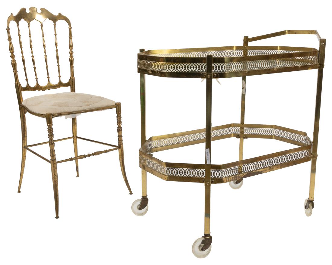 Solid Brass Chair & Tea Cart: Description - Solid brass chair and tea cart Dimensions - 31.5" x 32" x 19" - Cart