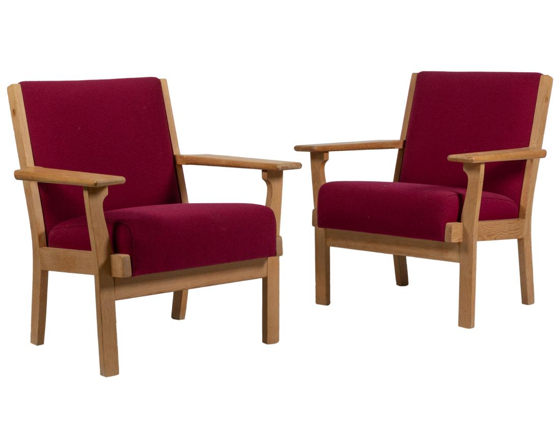 Hans Wegner - Getama - Armchairs: Description - A pair of oak armchairs by Hans Wegner for Getama in new Maharam upholstery. Dimensions - 33.5" x 29.5" x 29.5"