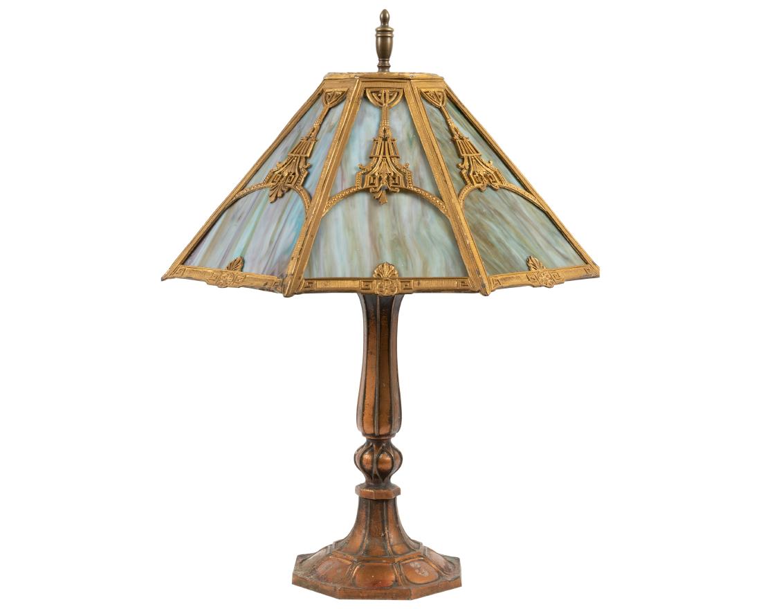 Metal Overlay Slag Glass Table Lamp (1 of 4)