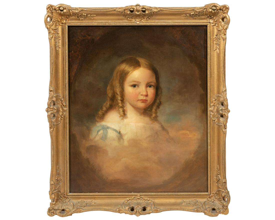 Portrait of Girl - Manner of Thomas Sully: Description - Oil on board in the manner of Thomas Sully, portrait of little girl Dimensions - Frame: 30" x 26"