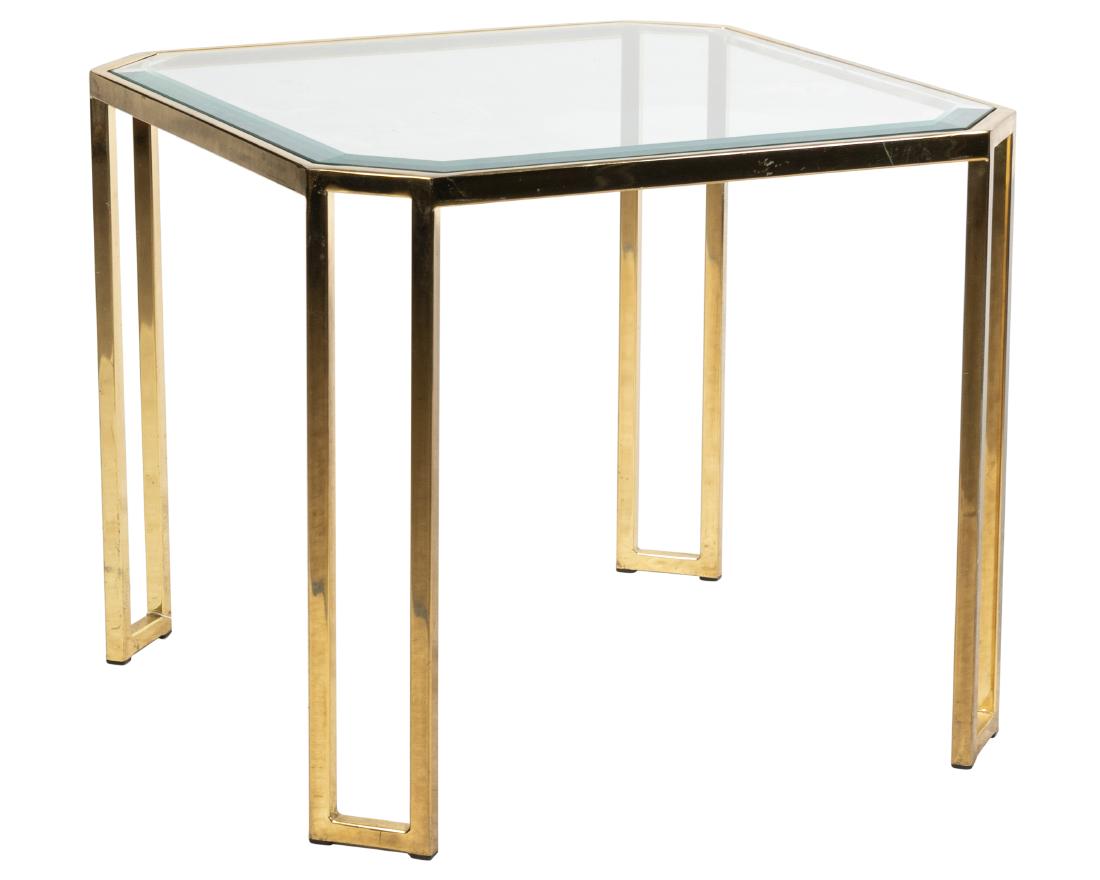 Lamp Table - Brass & Beveled Glass: Description - Brass & beveled glass lamp table, after Mastercraft. Dimensions - 22" x 26" x 26"