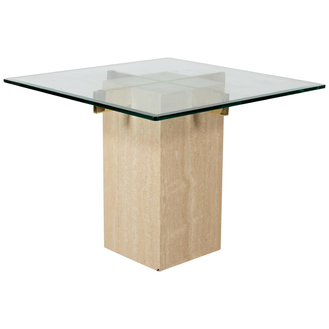 Artedi - Travertine & Glass Table: Description - Artedi travertine and glass top table Dimensions - 15" x 38"