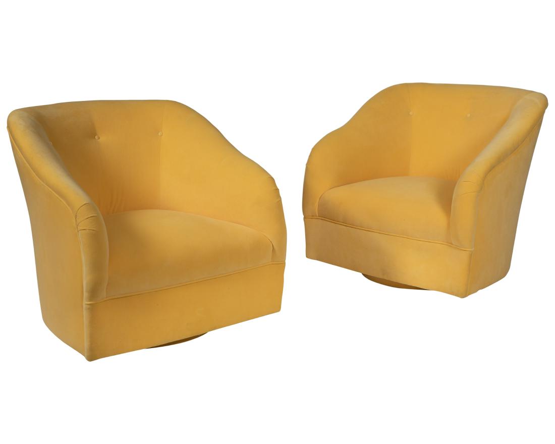 Ward Bennett - Swivel Tub Chairs: Description - Pair of Ward Bennett large swivel tub chairs, 1960's, fully restored with new foam and yellow velvet Dimensions - 30" x 30" x32"