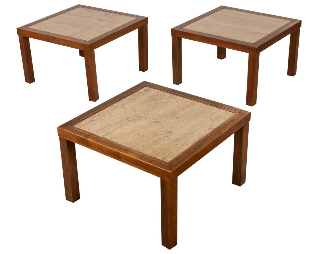 Teak and Travertine Tables: Descriptions - Teak and travertine tables Dimensions - 14" x 21.5"