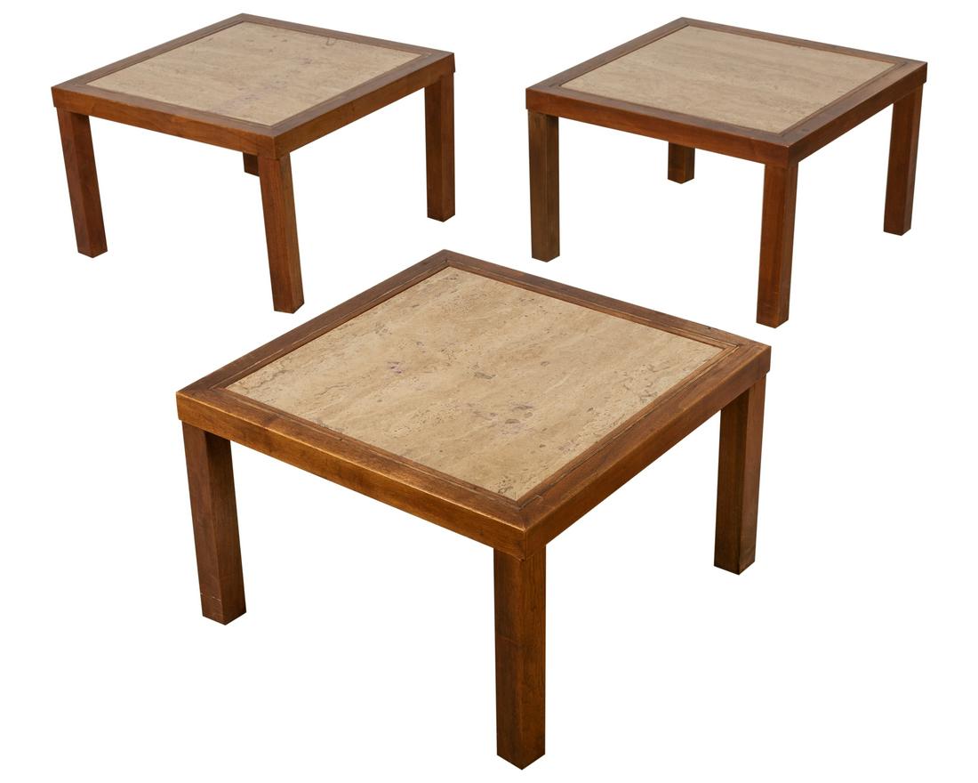 Teak and Travertine Tables: Descriptions - Teak and travertine tables Dimensions - 14" x 21.5"