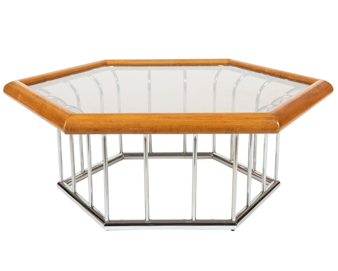 Chrome and Oak Coffee Table: Description - A 70's chrome, oak and smoked glass coffee table. Dimensions - 16" x 37"