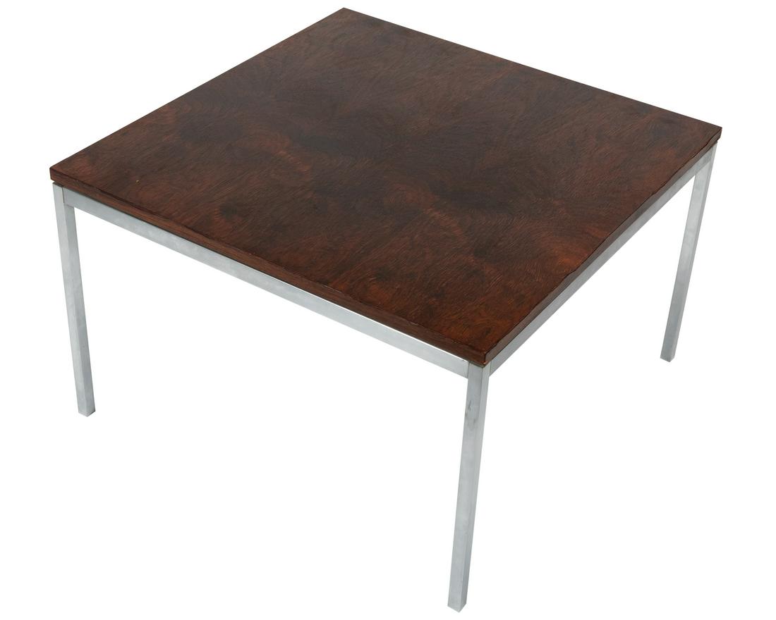 Knoll - Rosewood and Chrome Coffee Table: Description - Knoll rosewood and satin chrome coffee table. Dimensions - 17" x 27" x 27"