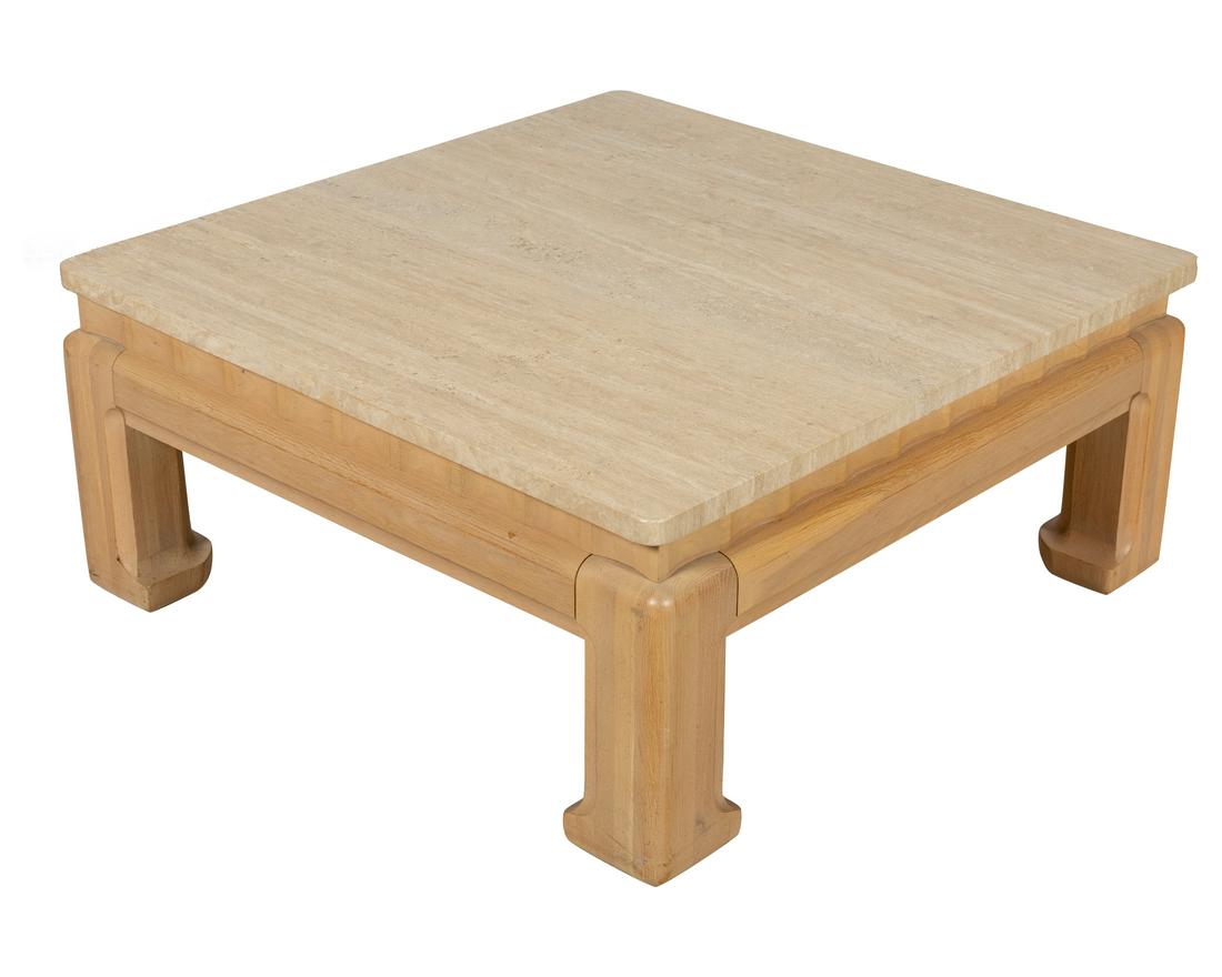 Oak and Travertine Coffee Table: Description - Oak and travertine coffee table. Dimensions - 17" x 38" x 38"