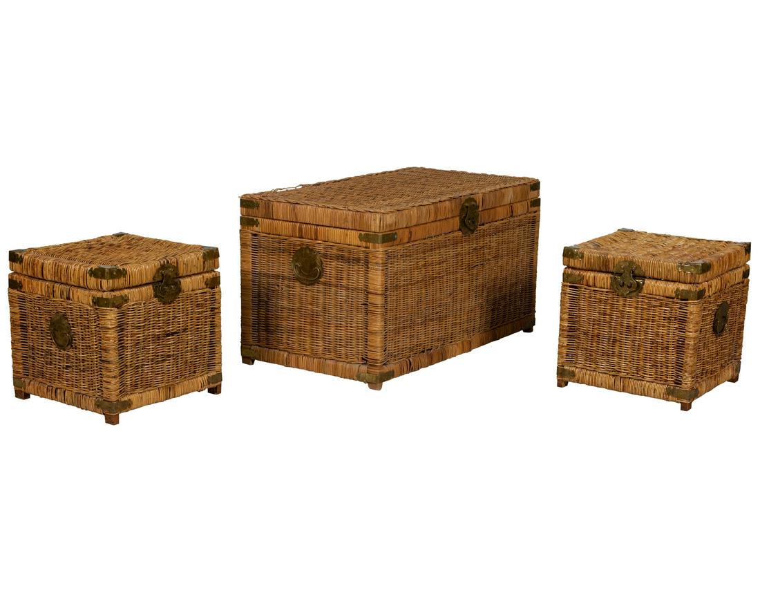 Wicker Trunks - Three: Description - Three wicker trunks. Dimensions - larger - 21" x 36" x 20'