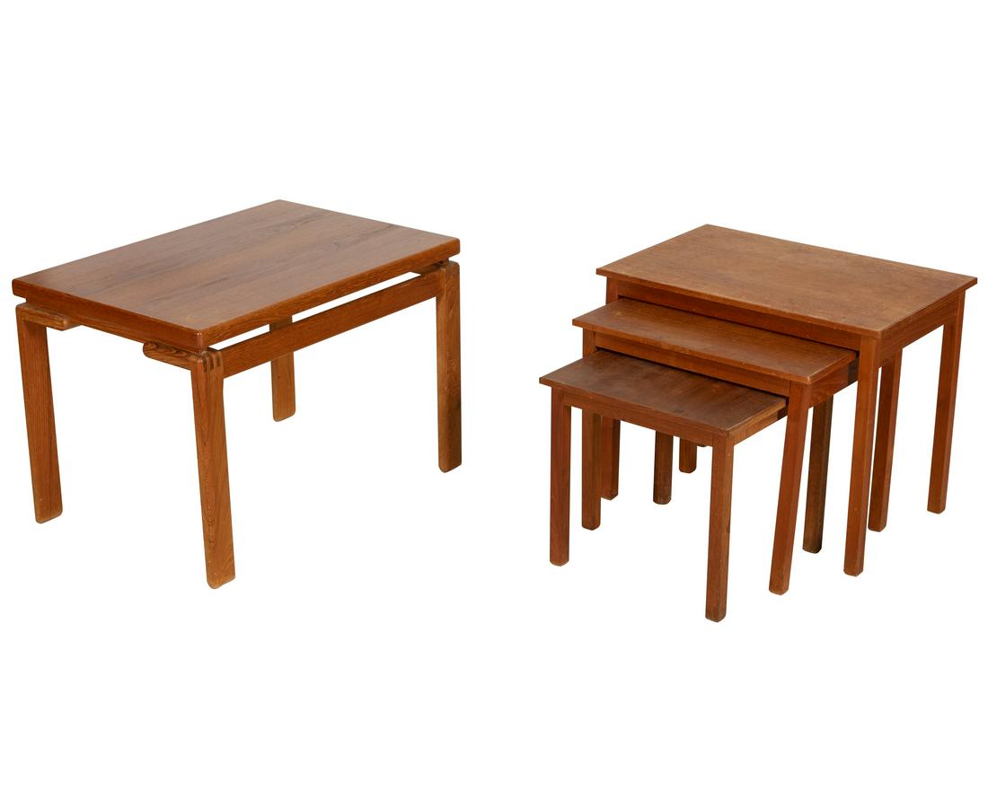 Teak End Table and Nest of Tables: Description - Teak end table and nest of tables. Dimensions - nest - 19" x 23.5" x 15.5"