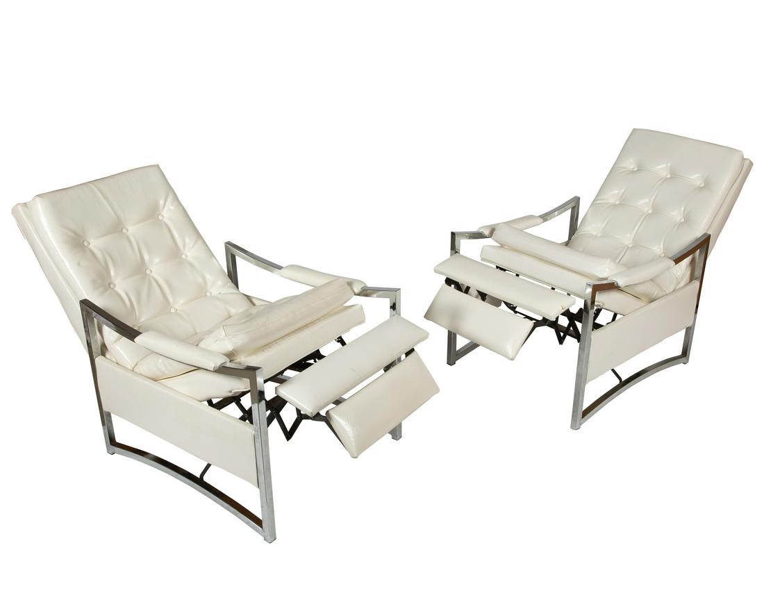 Chrome & Vinyl Recliners - Pair: Description - Pair of chrome and vinyl recliners. Dimensions -37" x 26" x 36"