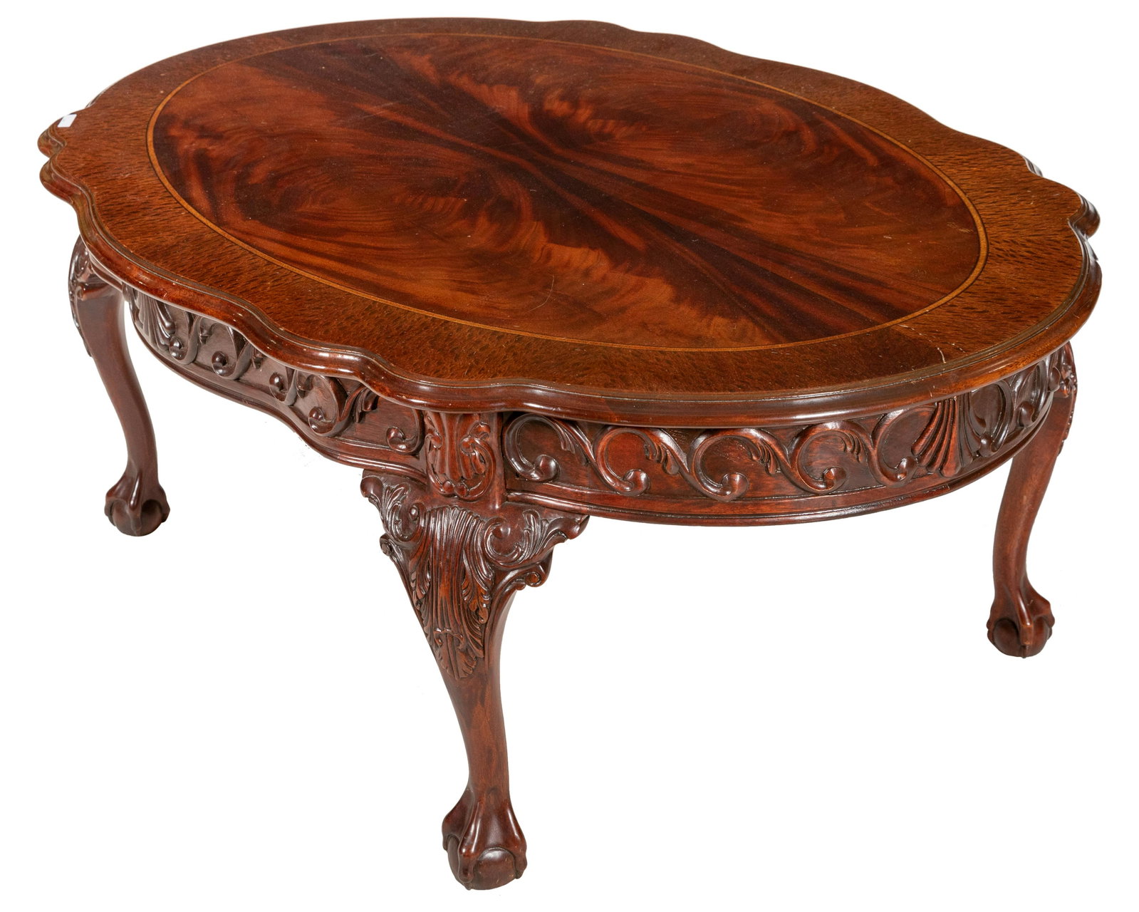 Mahogany Banded Coffee Table: Description - Ball and claw banded mahogany coffee table. Dimensions - 21" x 53" x 37"