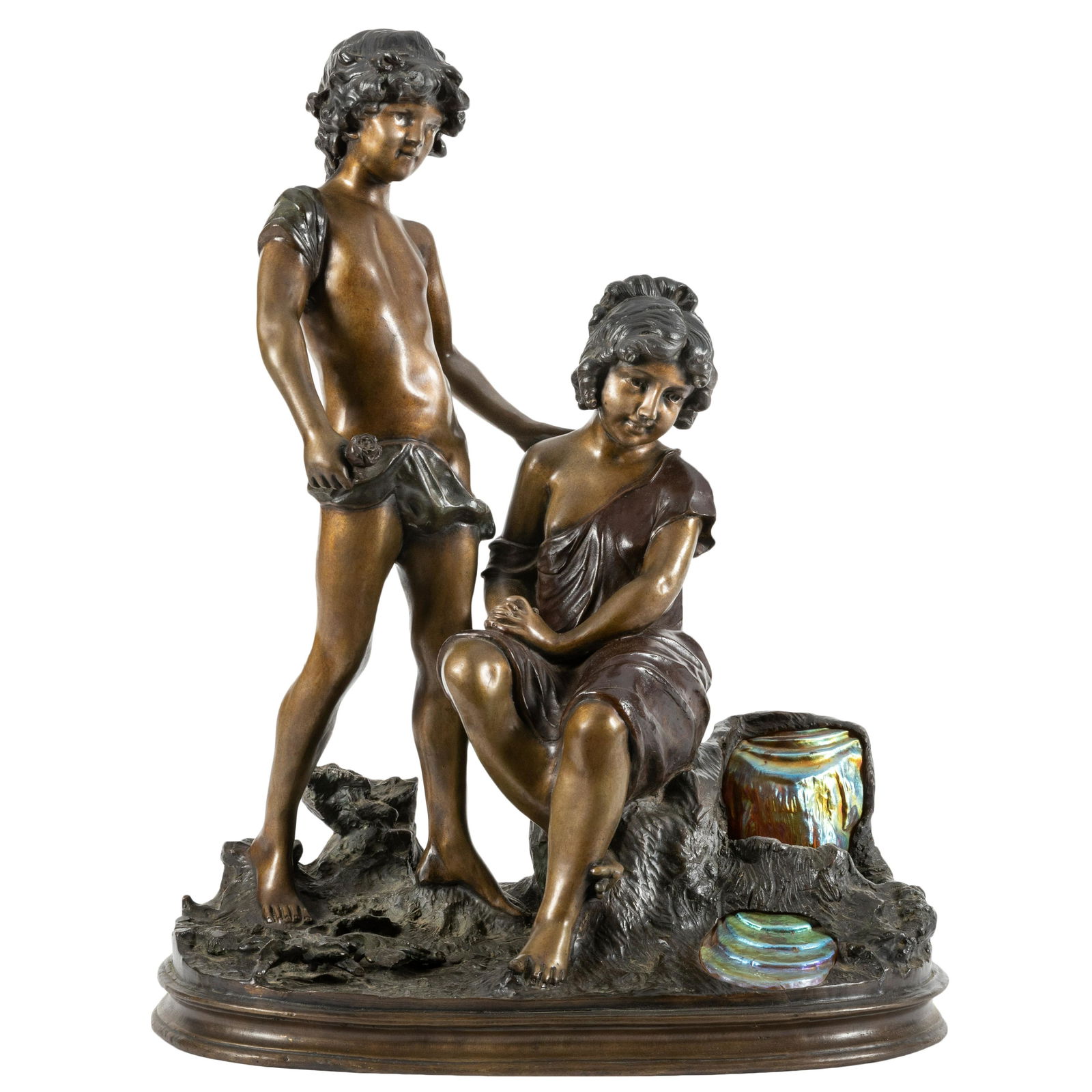 Auguste Moreau - Boy with Seated Girl: Description - Auguste Moreau Boy with Seated Girl, signed. Dimensions - 23" x 17" x 10"