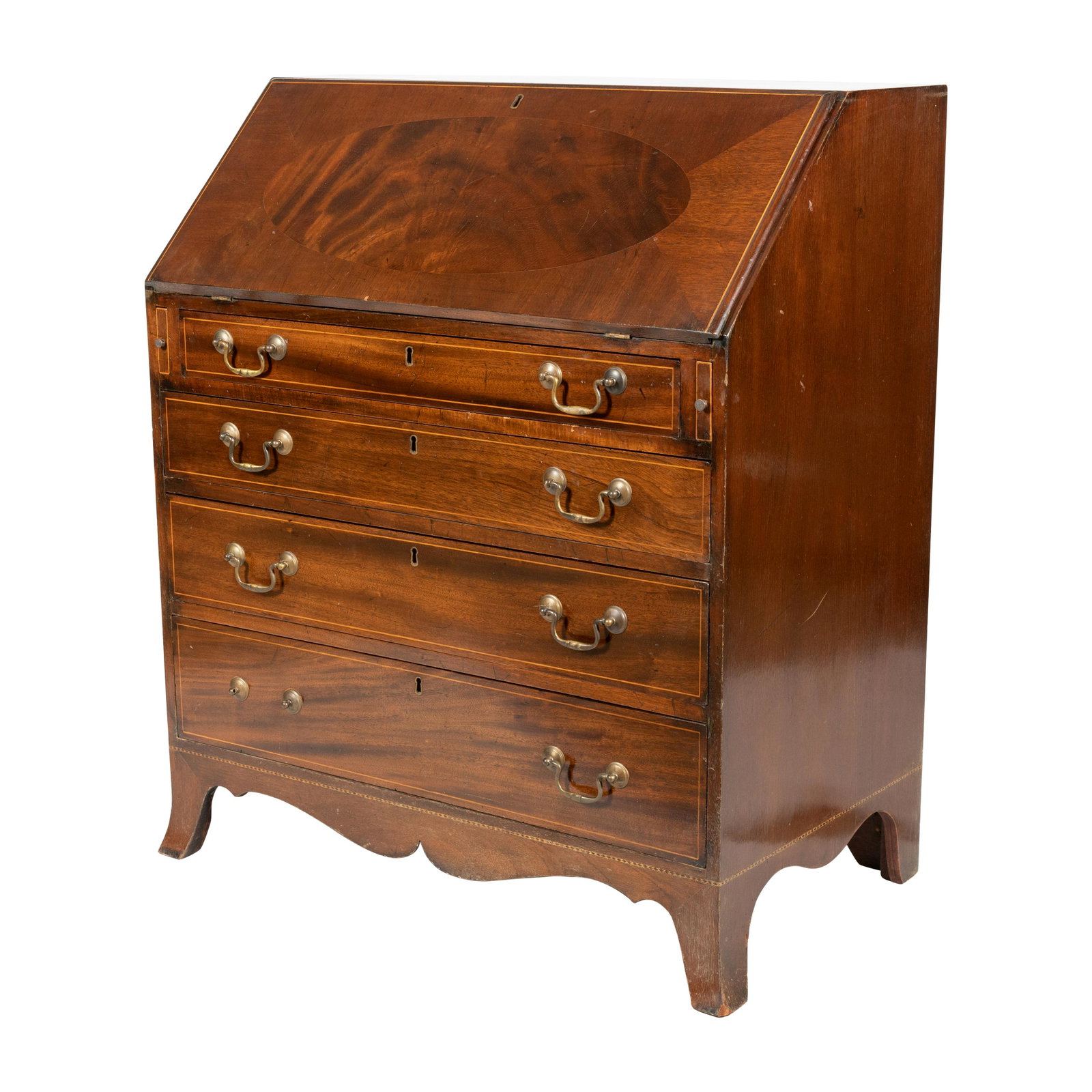 Centennial Mahogany Slant Front Desk: Description - Centennial mahogany inlaid slant front desk. Dimensions - 40.5" x 34.5" x 20"
