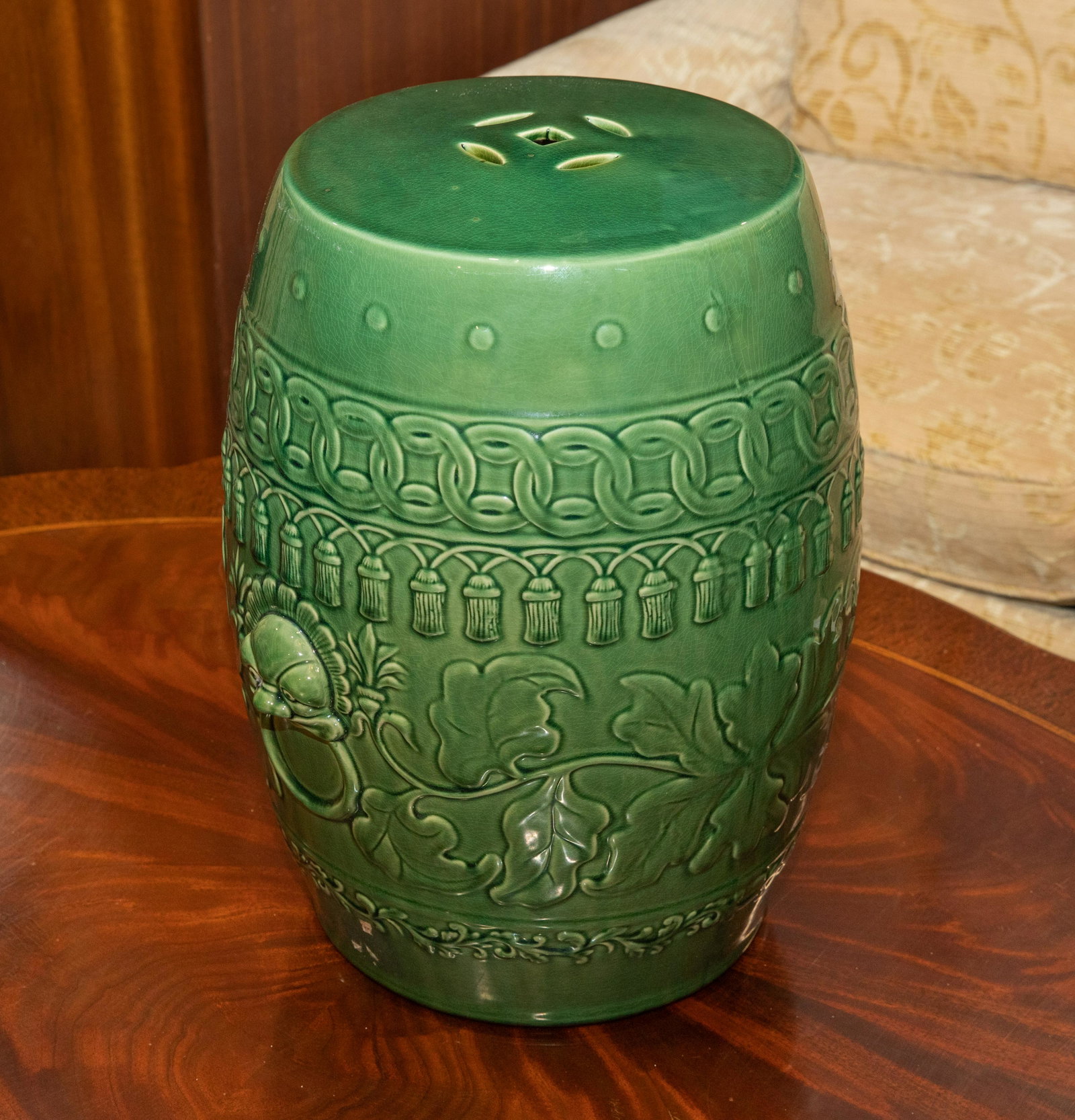 Chinese Porcelain Garden Stool: Description - Chinese porcelain garden stool. Dimensions - 18" x 12" x 12"