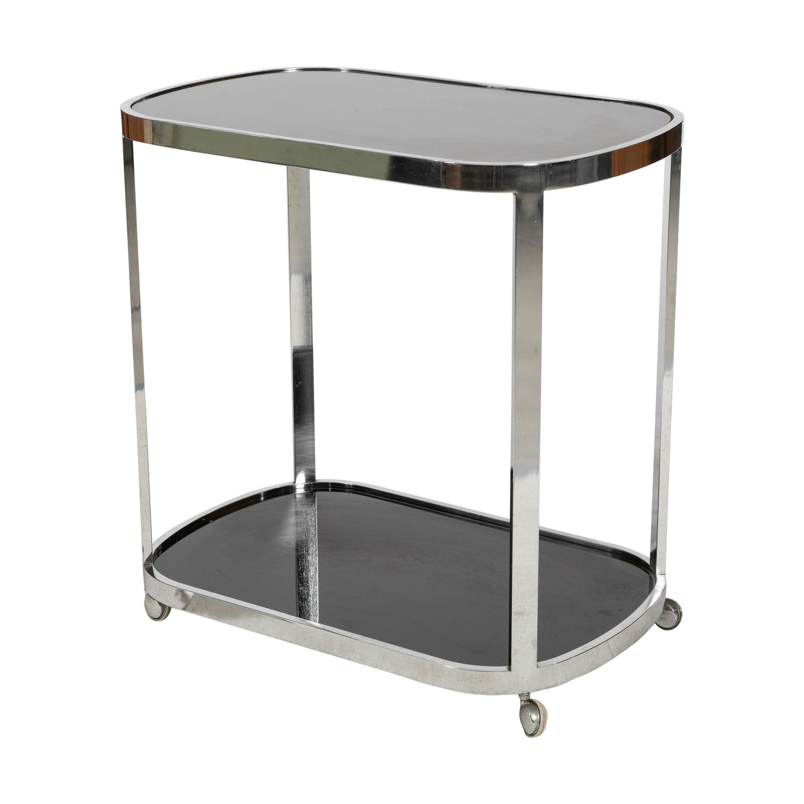 Chrome and Glass Bar Cart: Description - Chrome and smoked glass bar cart. Dimensions - 32.5" x 32" x 20.5"