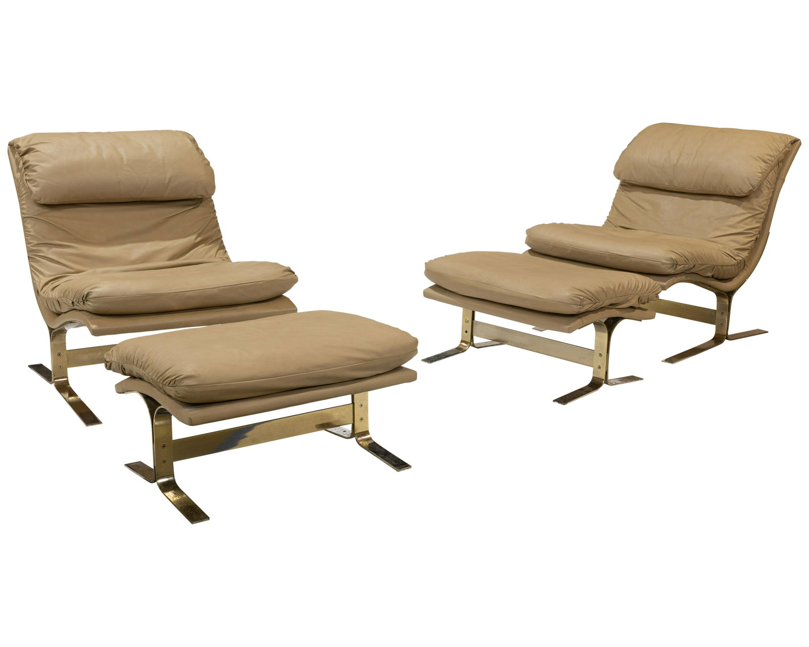 Adrian Pearsall (Attr.) - Chairs and Ottomans: Description - Pair of Adrian Pearsall attributed vinyl and brass finished bases chairs and ottomans. Dimensions -