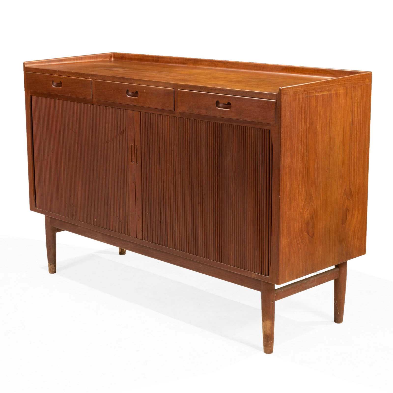 Danish Teak Tambour Credenza: Description - Danish teak tambour credenza. Dimensions - 37.5" x 57.5" x 19.5"