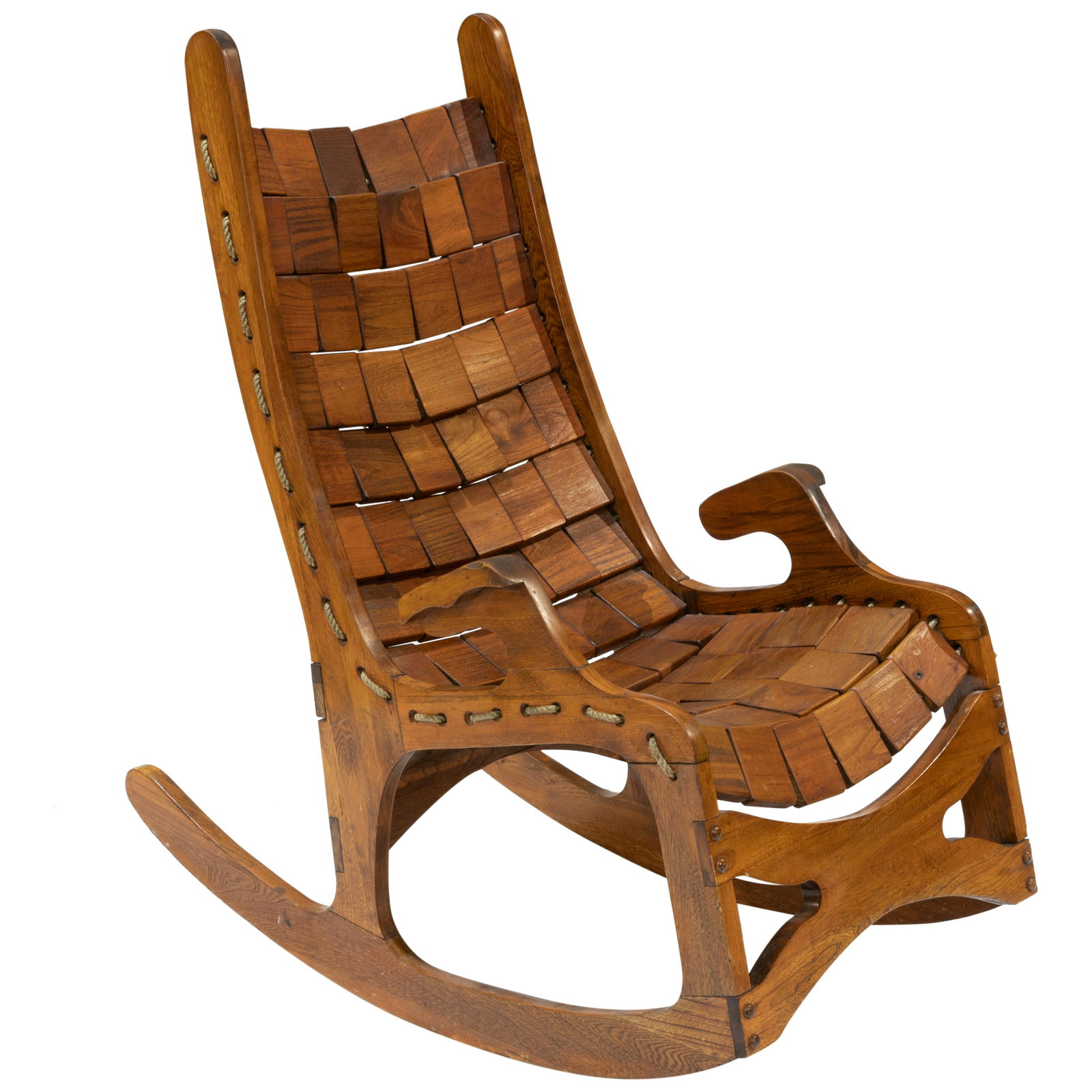 Mid Century California Block & Rope Rocking Chair: Description - Mid century wood block and rope chair. Dimensions - 42" x 22" x 35"