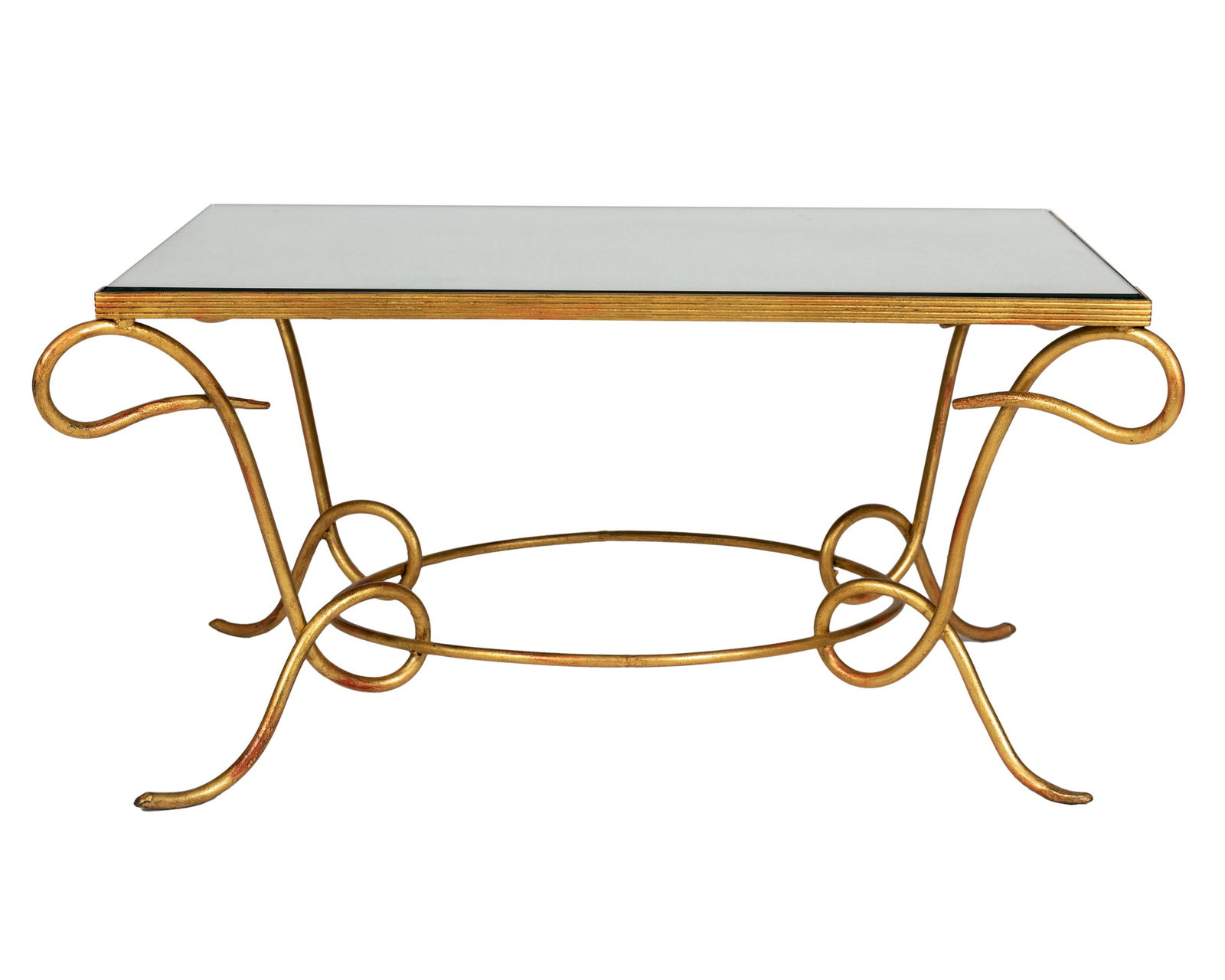 Gilt Metal Coffee Table: Description - Gilt metal coffee table with mirrored glass top. Dimensions - 20" x 42" x 28"