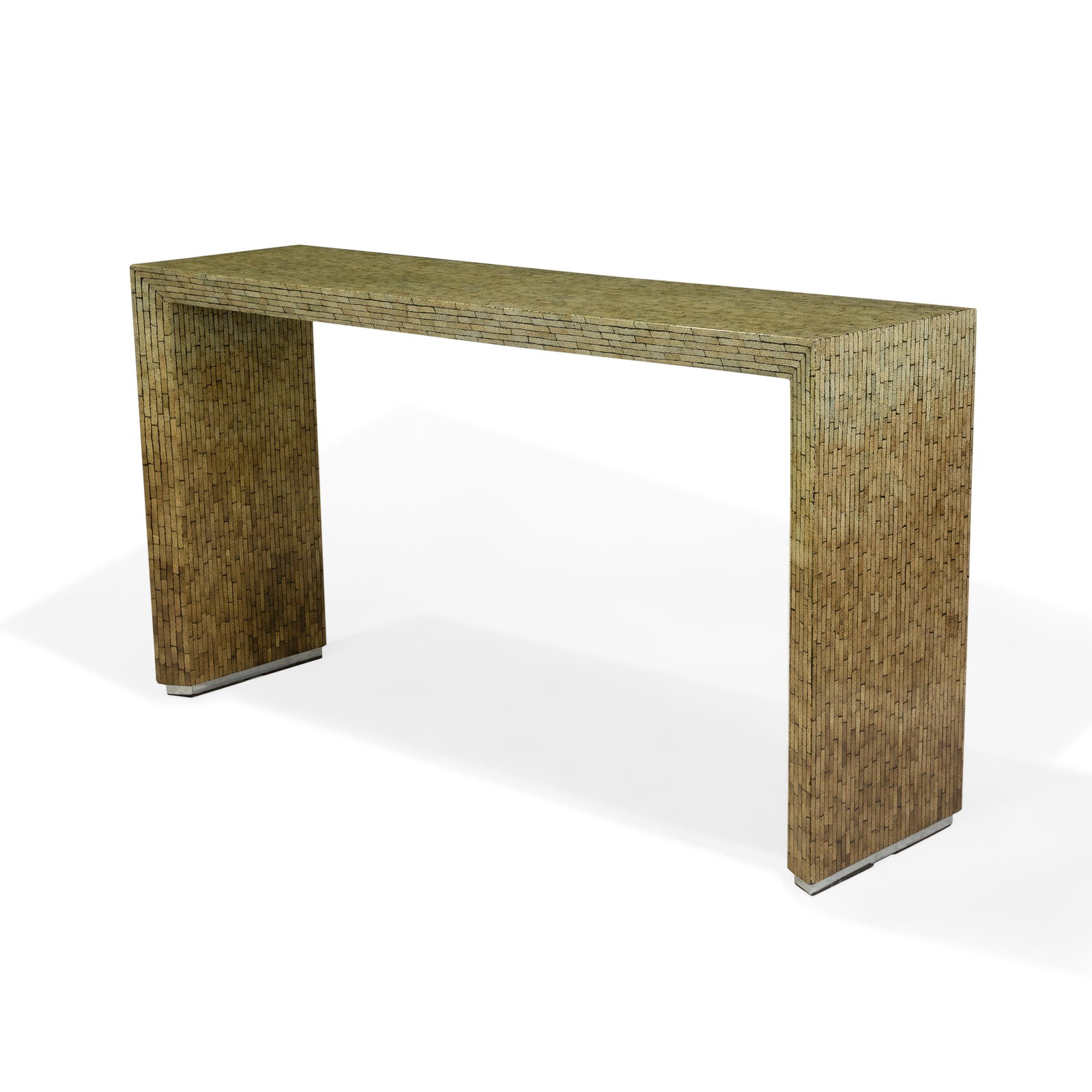 Faux Bone Console: Description - Faux bone brick pattern console table with chrome base. Dimensions - 32" x 60" x 16"
