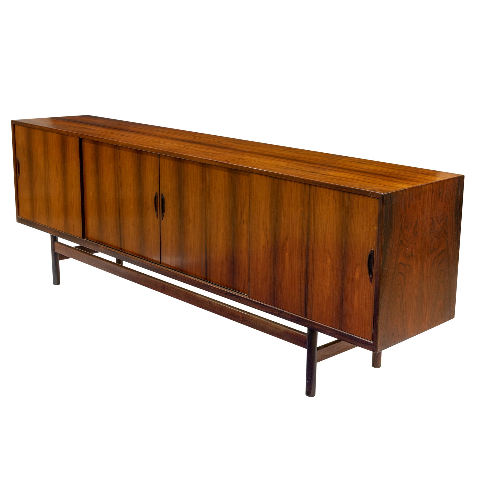 Danish Rosewood Credenza: Description - Danish rosewood credenza. Center two sections have shelves and end two sections have drawers. Dimensions - 33' x 96" x 19"