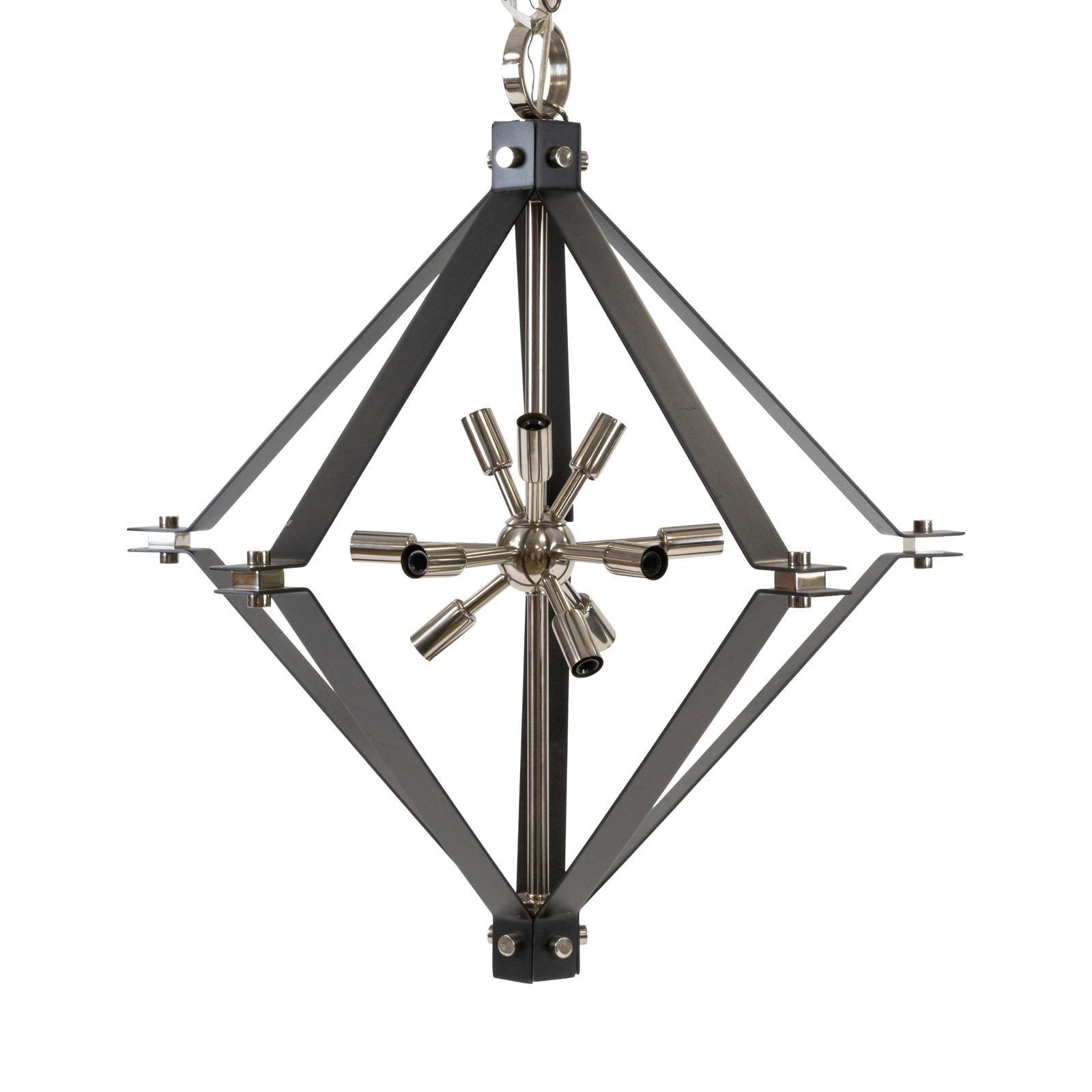 Iron and Chrome Pendant Fixture: Description - Iron and chrome pendant fixture. Dimensions - 28" x 27"