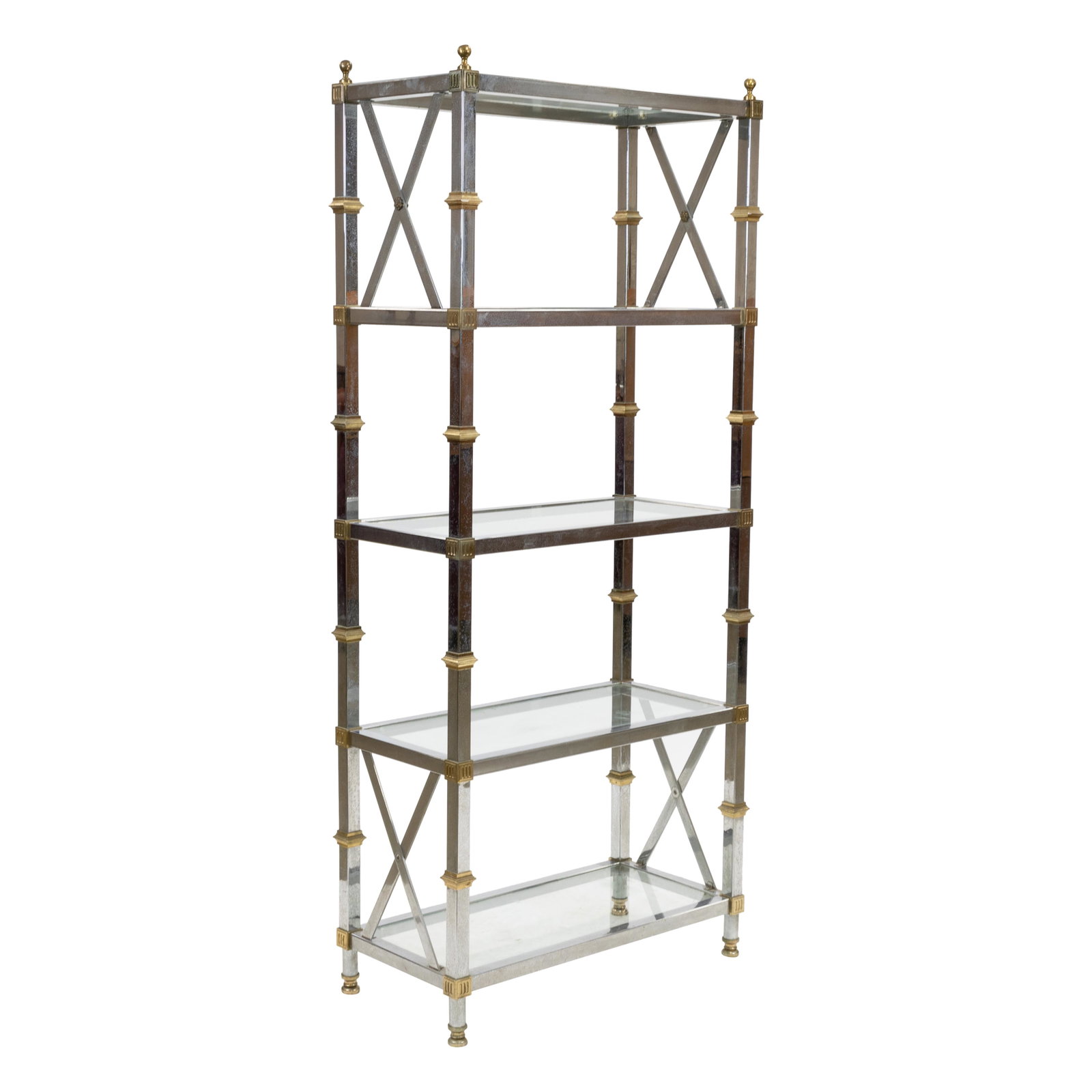 Chrome Brass and Glass Etagere: Description - Chrome brass and glass coffee table. Dimensions - 72" x 31.5" x 15.5"