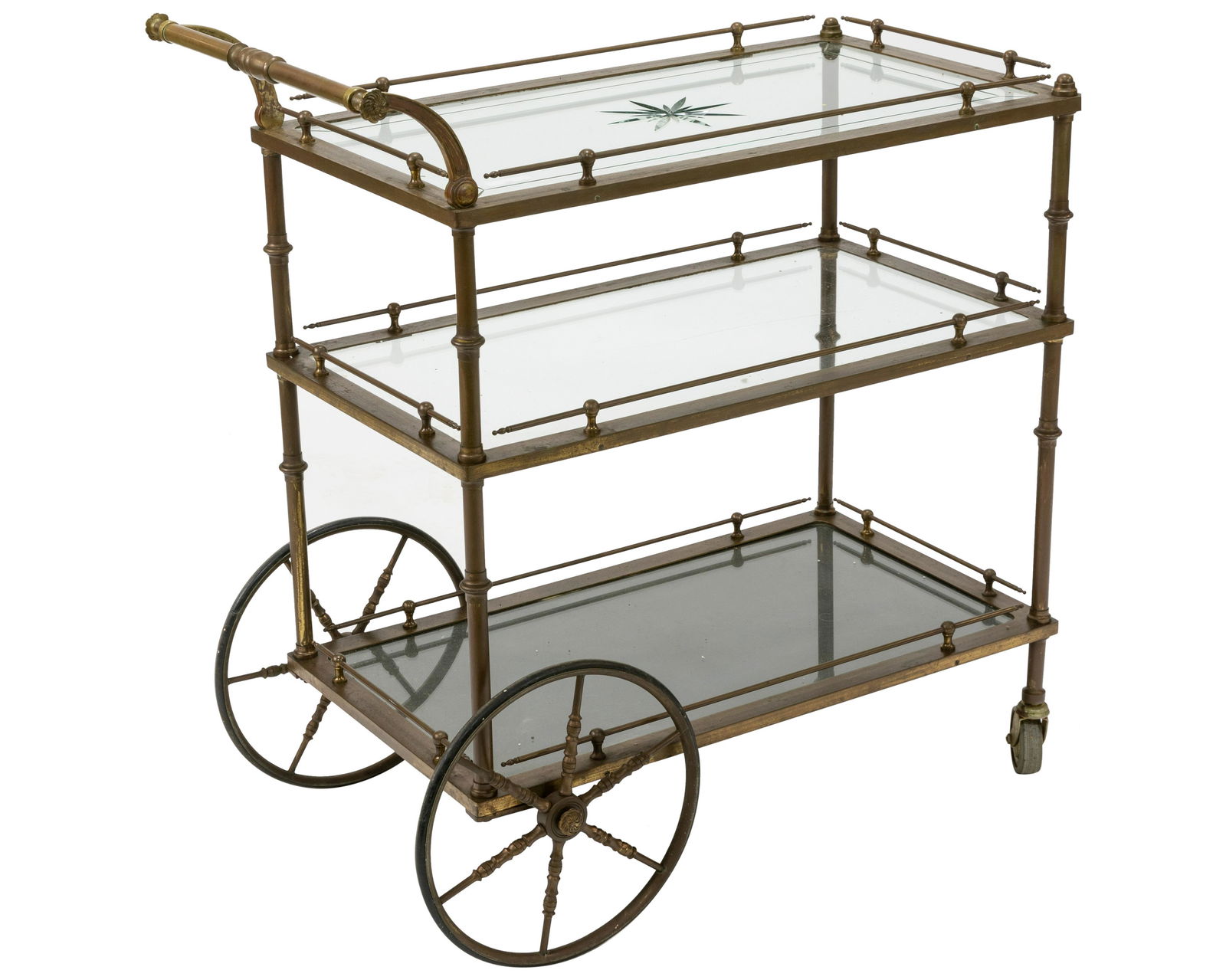 Bronze and Etched Glass Tea Cart: Description - Bronze and etched glass tea cart. Dimensions - 33.5" x 32" x 18"